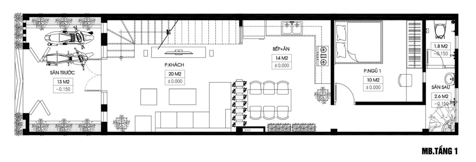 Mặt bằng tầng 1 nhà 2 tầng 5x14m hiện đại