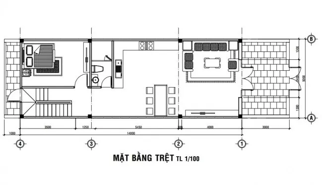 Mặt bằng tầng trệt mẫu nhà 5x14m 2 tầng có gara