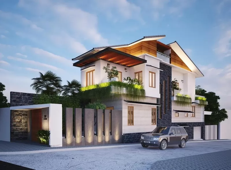 Mẫu nhà mái Thái 2 tầng 1 tum hiện đại