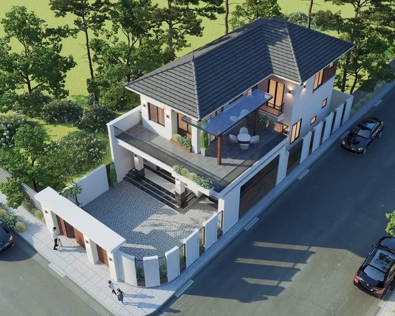 Mẫu nhà 2 tầng mái Thái 4 phòng ngủ hiện đại