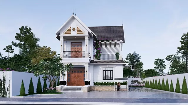 Nhà 2 lầu mái thái hình chữ L rộng rãi