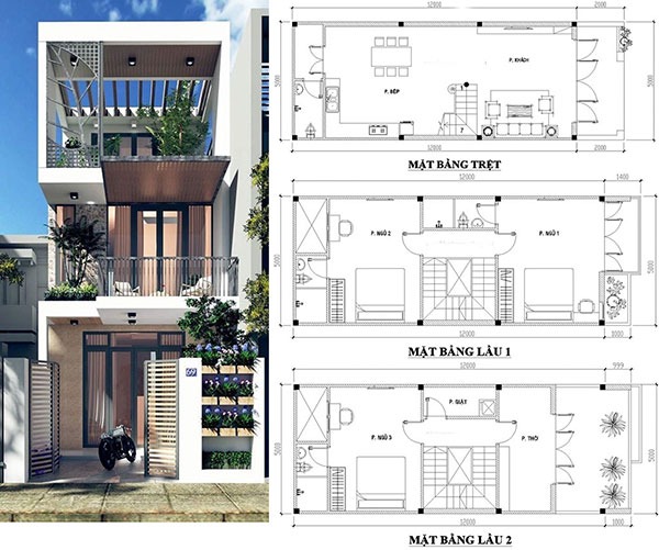 Mẫu nhà ống 3 tầng 5x12m kèm bản vẽ full