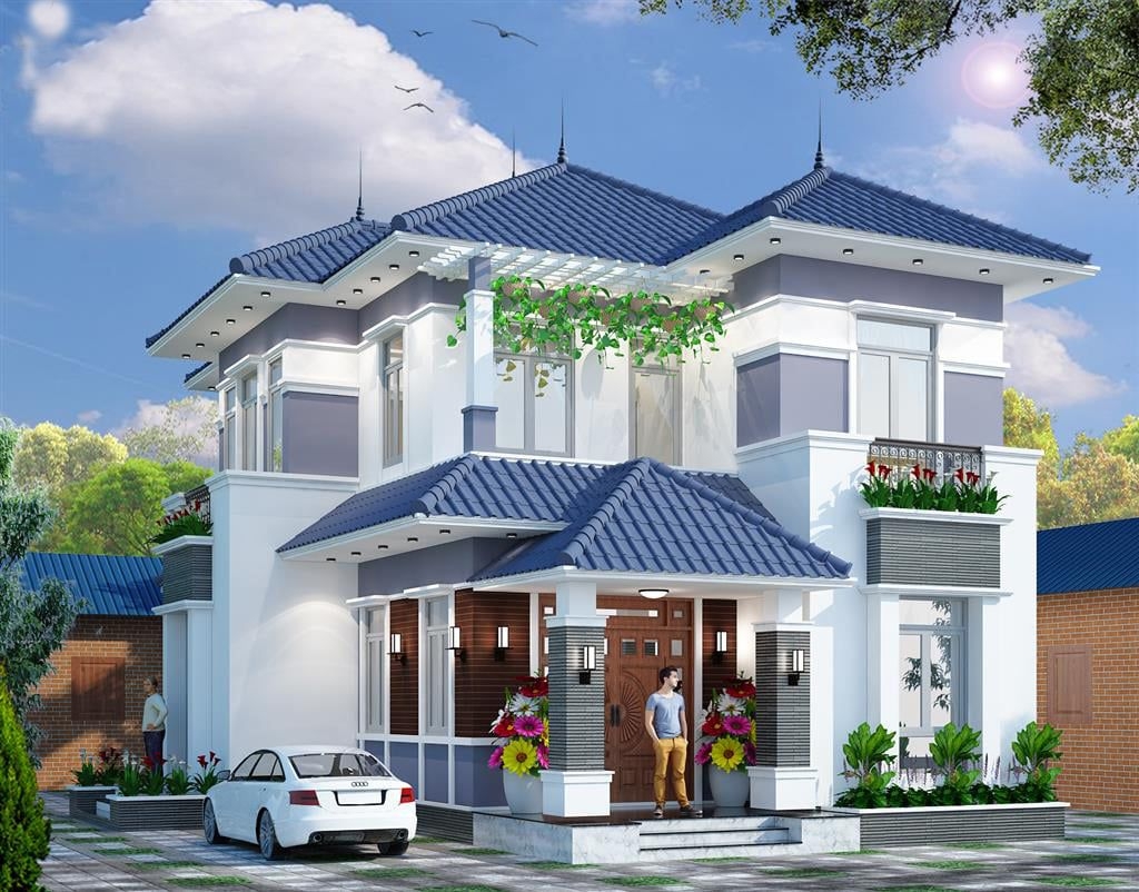 Mẫu nhà mái nhật 2 tầng 2 mặt tiền có sảnh chính phụ