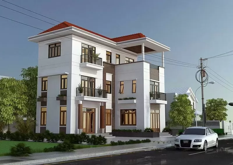 Mẫu nhà 3 tầng chữ L đẹp ở nông thôn