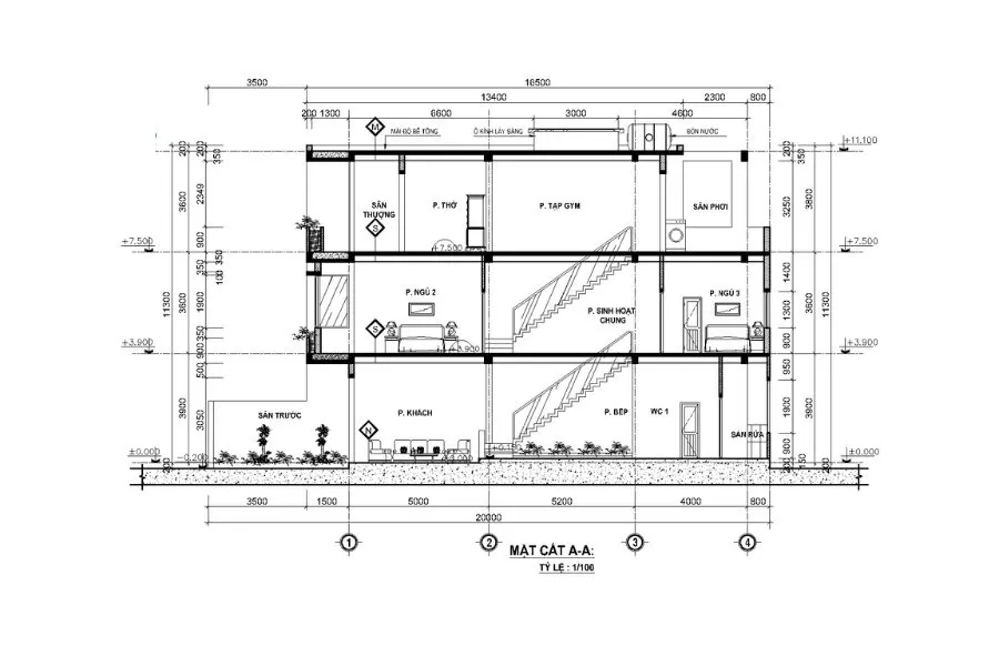 Bản vẽ thiết kế nhà 3 tầng tân cổ điển 5x20m chi tiết