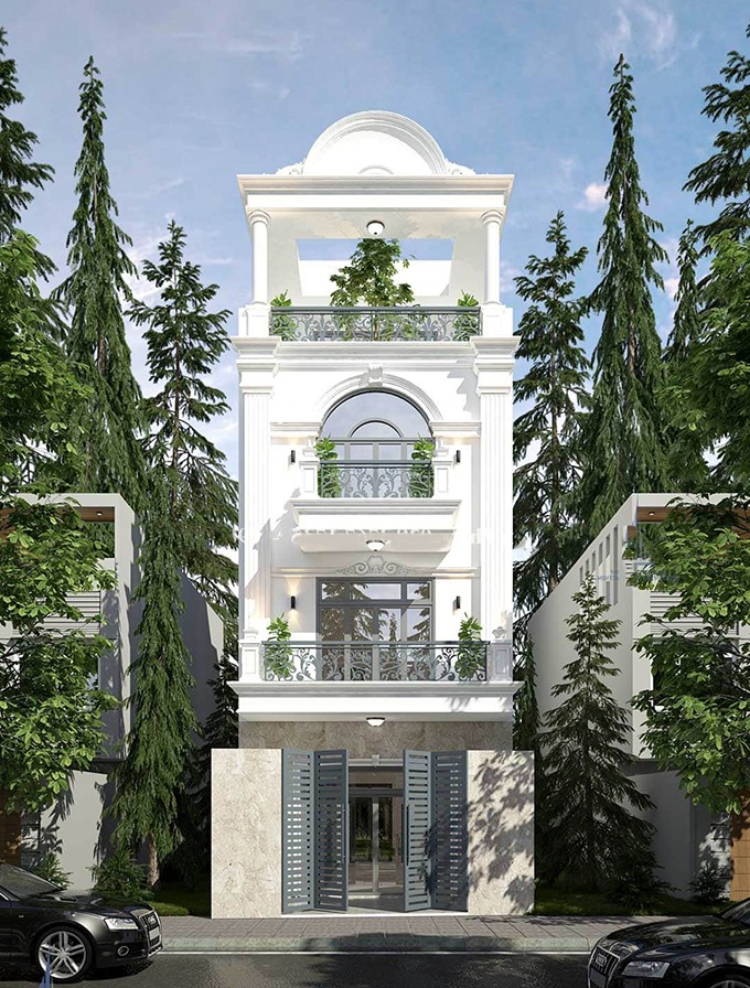 Mẫu nhà tân cổ điển 5x20m có sân rộng trước nhà