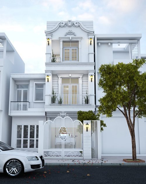 Mẫu nhà tân cổ điển 5x20m màu trắng sang trọng +