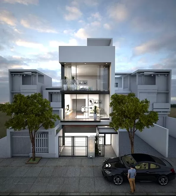 Thiết kế nhà 5x16m cửa kính rộng có gara