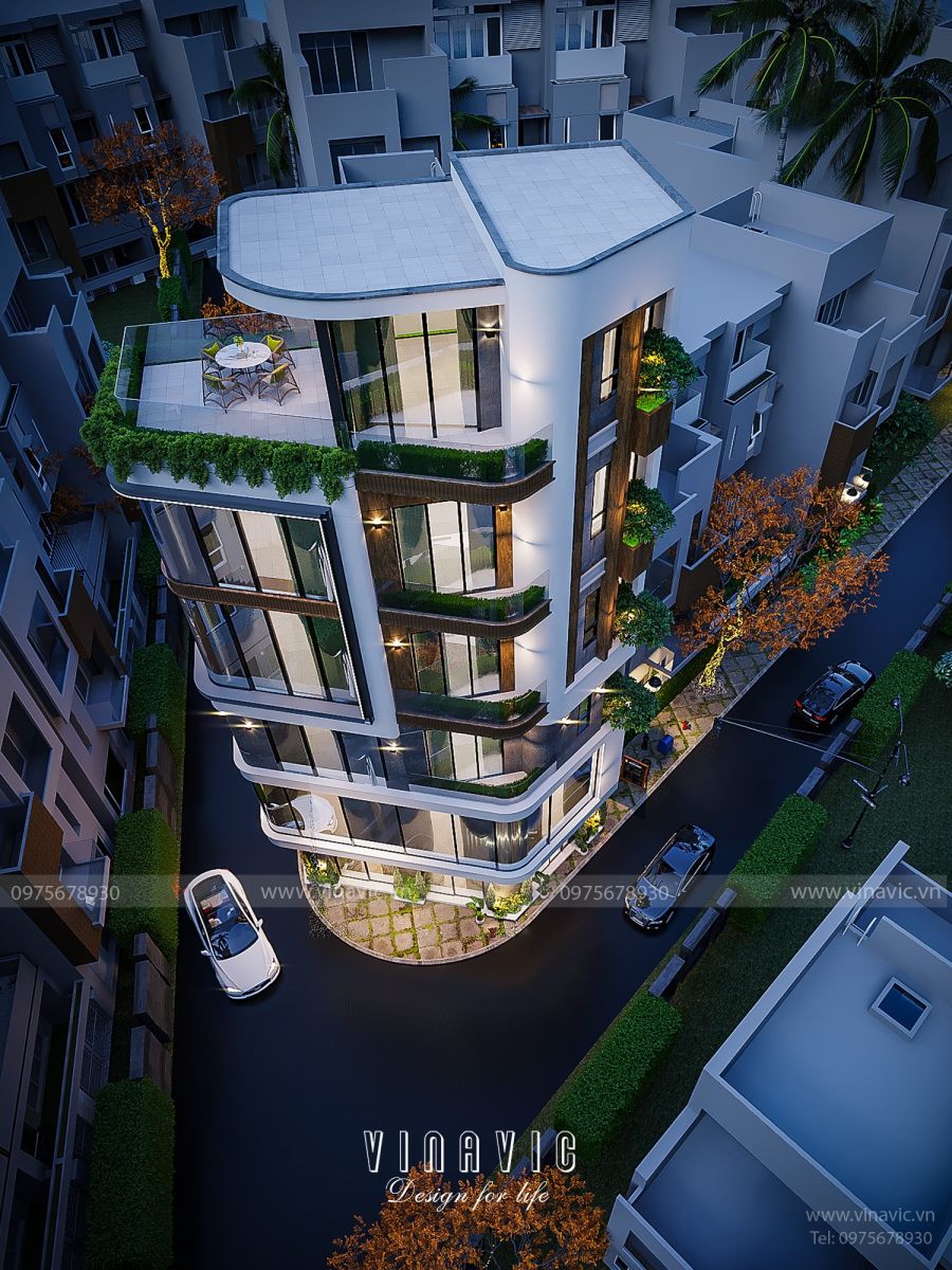 Nhà phố 6 tầng hiện đại 6x12m kết hợp hài hòa, uyển chuyển các đường nét mềm mại, hình khối vuông vắn