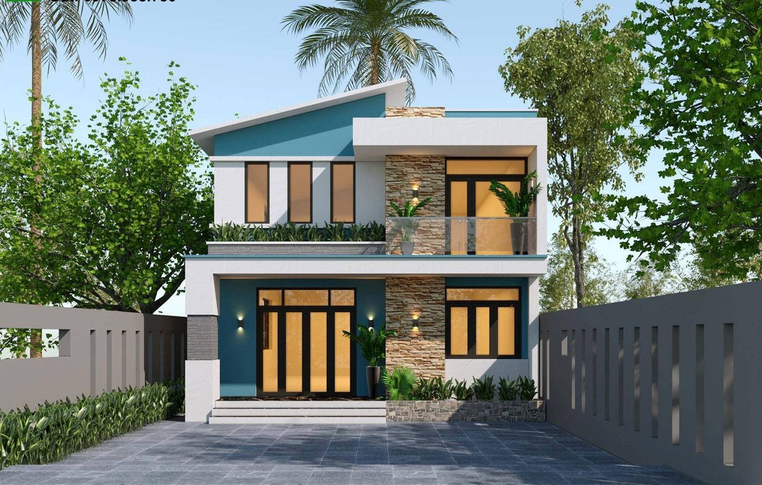 Mẫu nhà gác lửng mái lệch 3 phòng ngủ thông thoáng