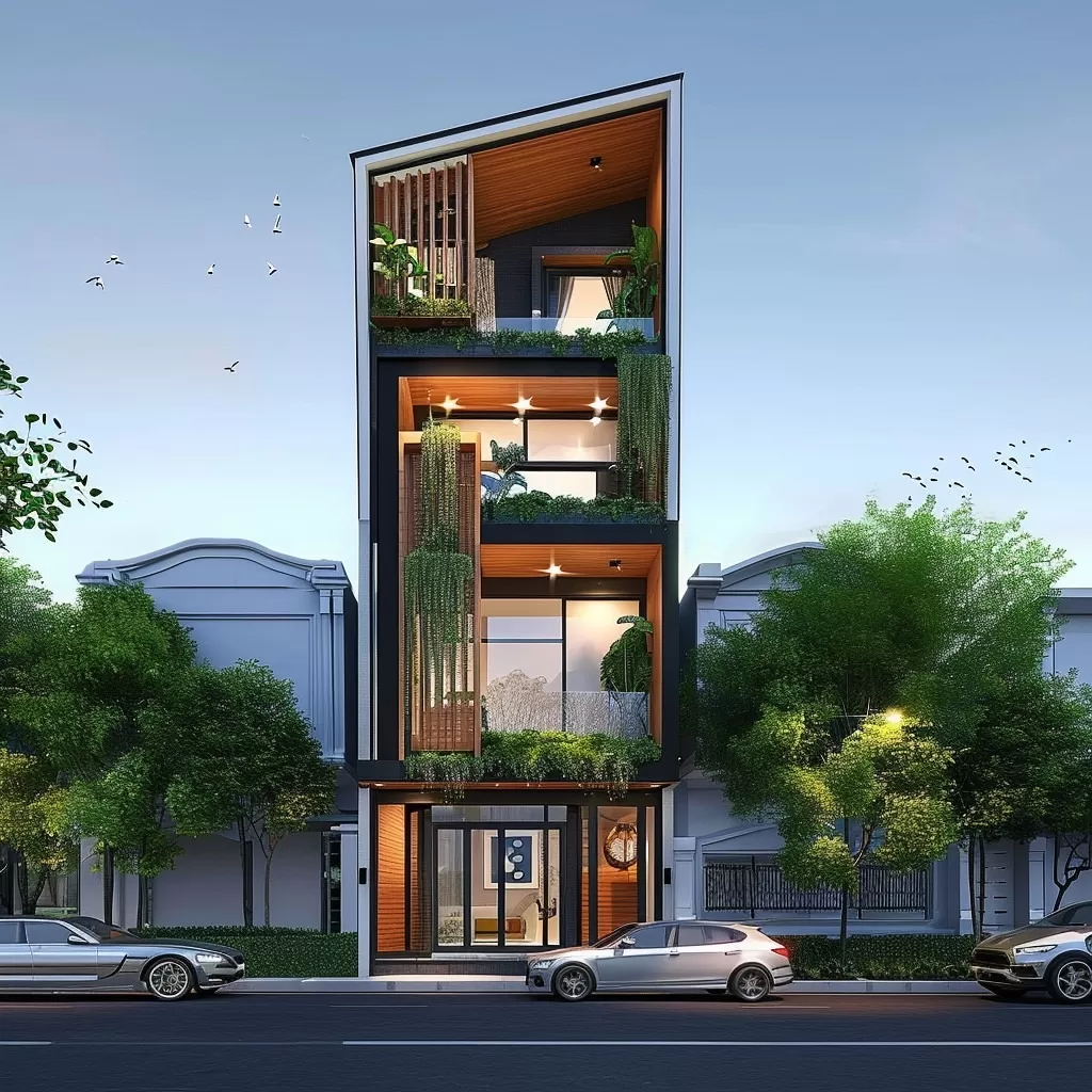 Mẫu nhà 4 tầng 60m2 mái lệch với điểm nhấn chi tiết gỗ bắt mắt