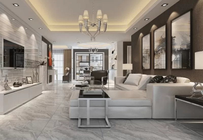 Lát nền màu trắng xám và ốp tường màu ghi đang là xu thế sơn nhà năm 2024