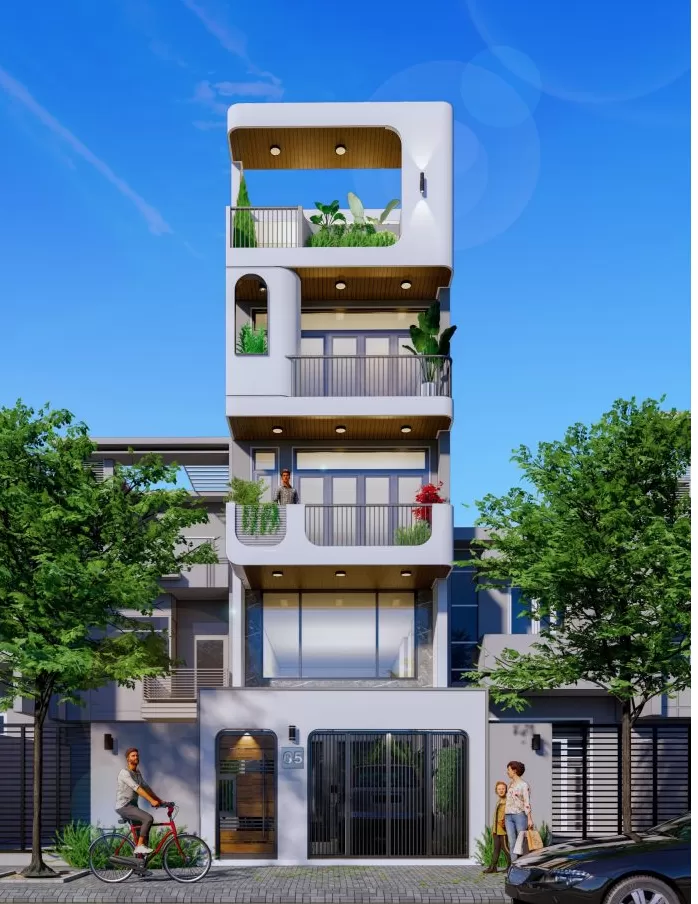 Mẫu nhà có thang máy 5x10m có gara ô tô tiện nghi