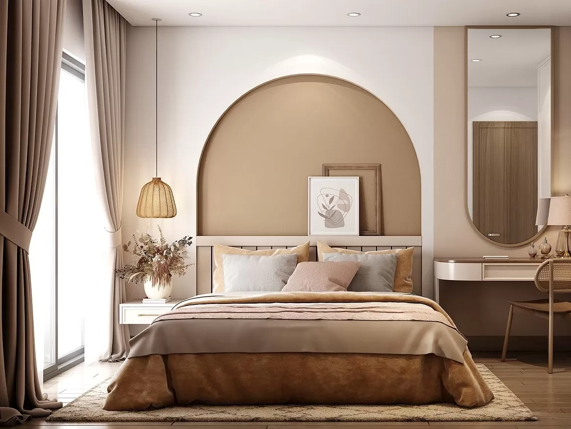 Phòng ngủ thường phối màu tường và màu lát nền với tone màu trầm ấm