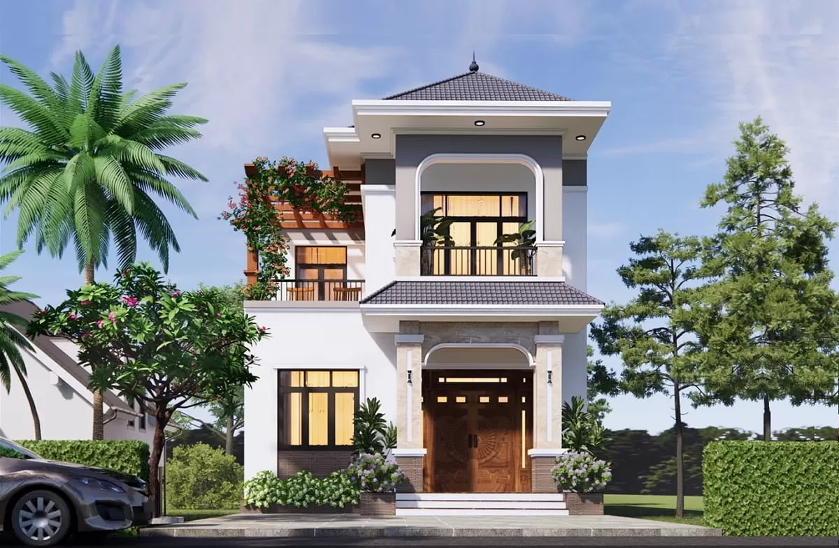 Mẫu nhà 2 tầng 80m2 ở nông thôn có sân vườn rộng