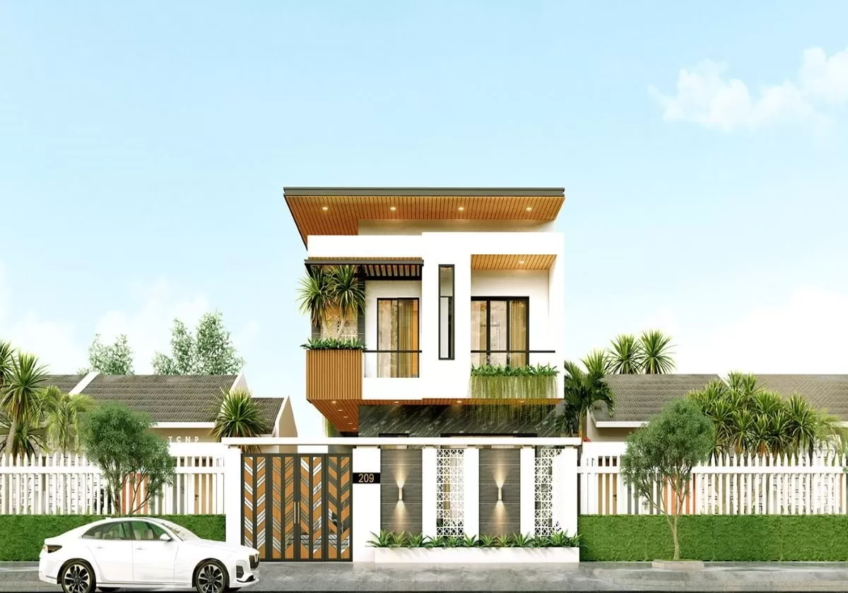 Mẫu nhà 2 tầng 80m2 ở nông thôn mái bằng