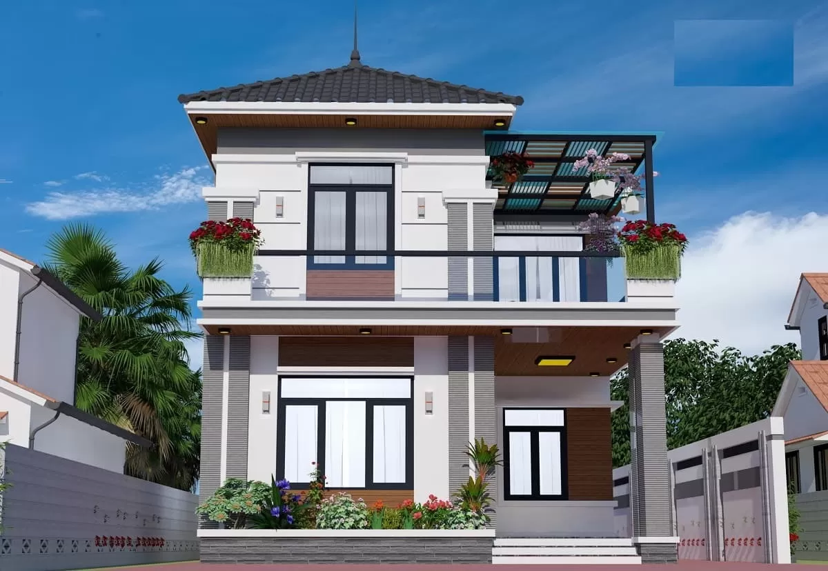 Mẫu nhà 2 tầng 80m2 ở nông thôn mái nhật