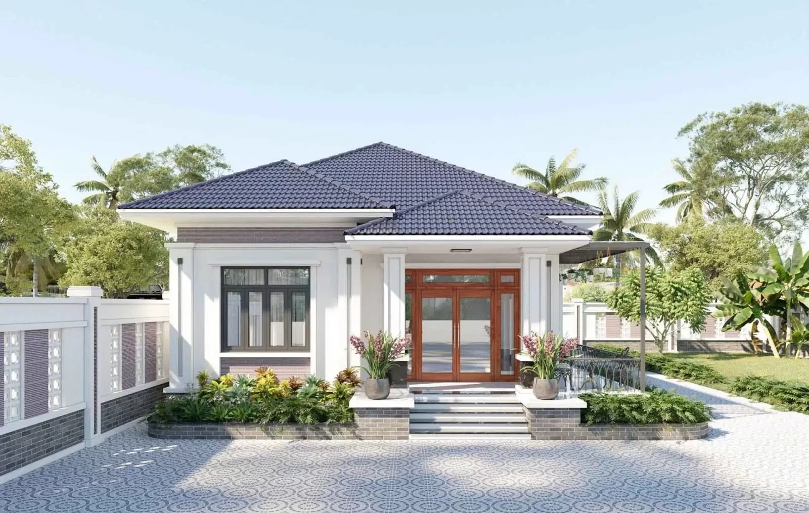 Mẫu nhà cấp 4 80m2 3 phòng ngủ có sân vườn đẹp