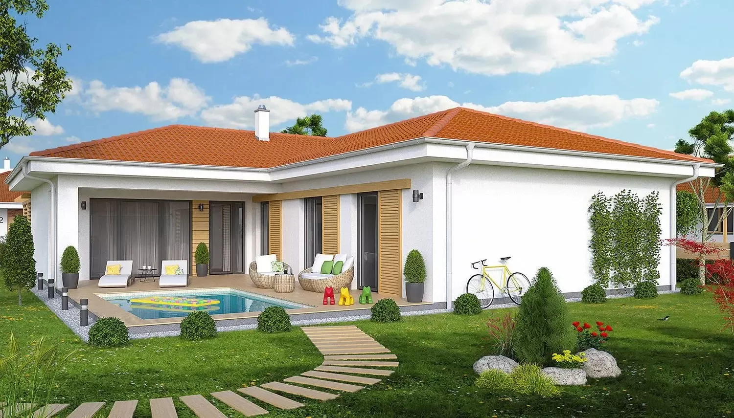 Nhà vườn cấp 4 hiện đại chữ L thông thoáng