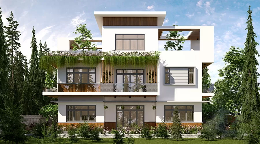 Biệt thự nhà vườn 3 tầng hiện đại tone màu trắng sáng