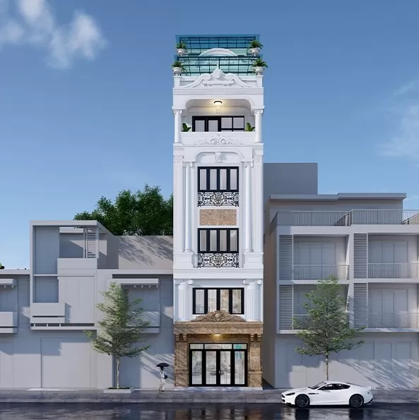 Mẫu nhà mặt tiền 4m dài 18m 5 tầng phong cách tân cổ điển
