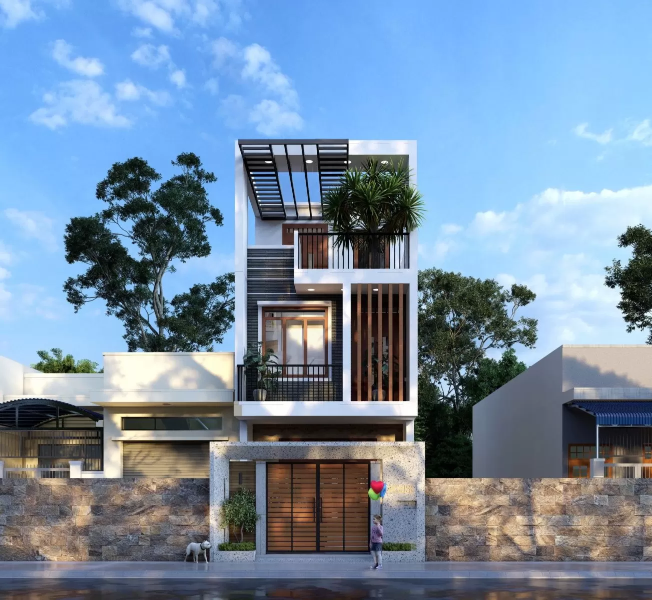 Mặt tiền nhà 3 tầng 4x20 được điểm xuyết bởi cây xanh tươi mát.