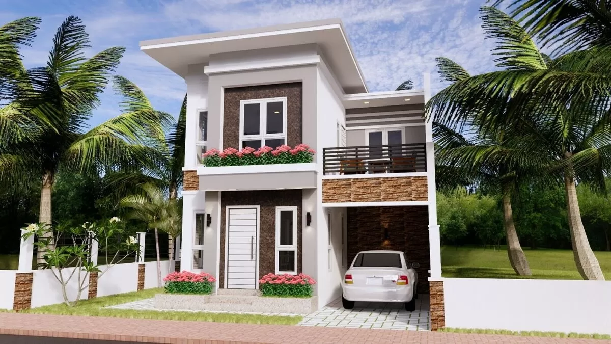 Mẫu nhà mái bằng 7x10m 2 tầng có gara để xe ô tô rộng