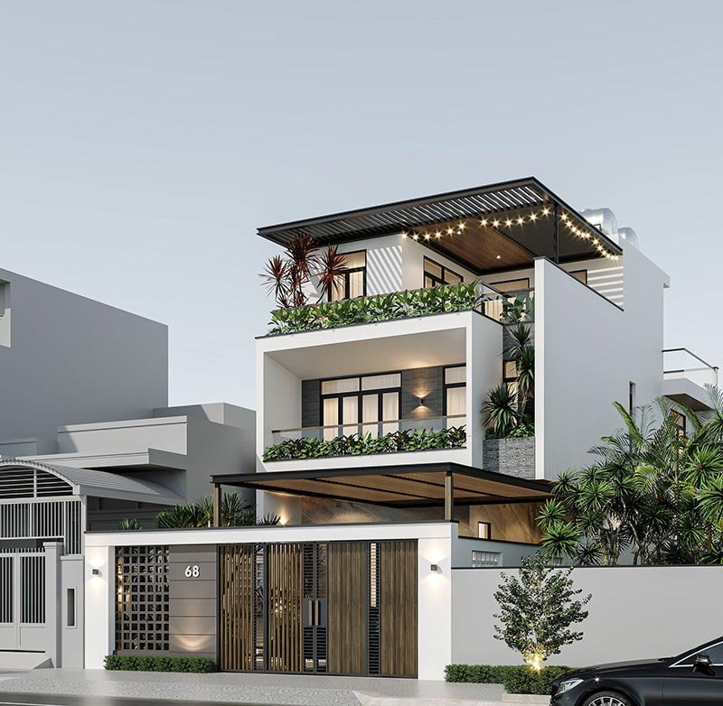 Mẫu nhà mái bằng 7x10m 2 tầng 1 tum