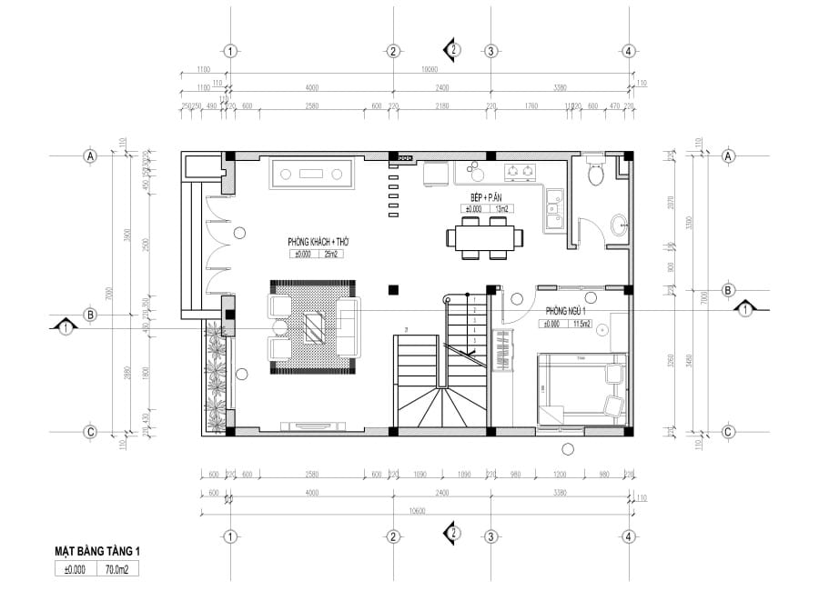 Bố trí mặt bằng công năng nhà 2 tầng mái bằng 7x10m tầng 1