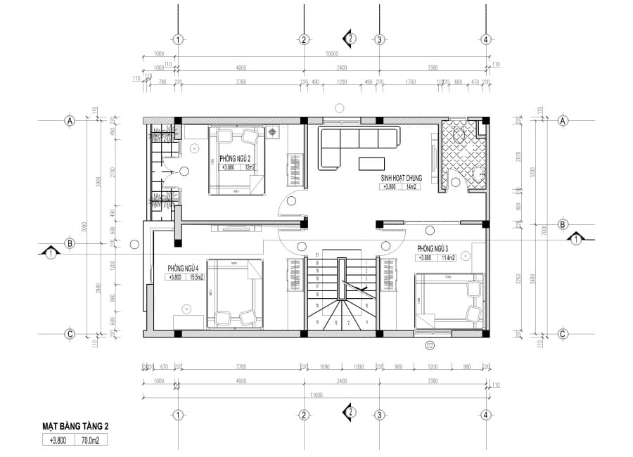 Bố trí mặt bằng công năng nhà 2 tầng mái bằng 7x10m tầng 2