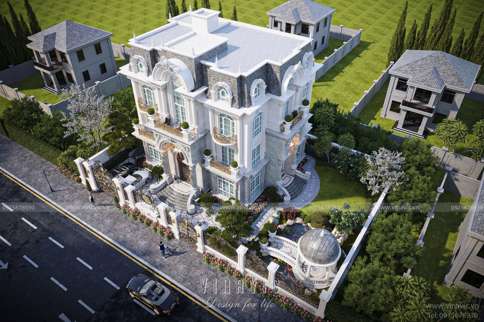 Phối cảnh từ trên cao biệt thự tân cổ điển 3 tầng 1 áp mái BT2361