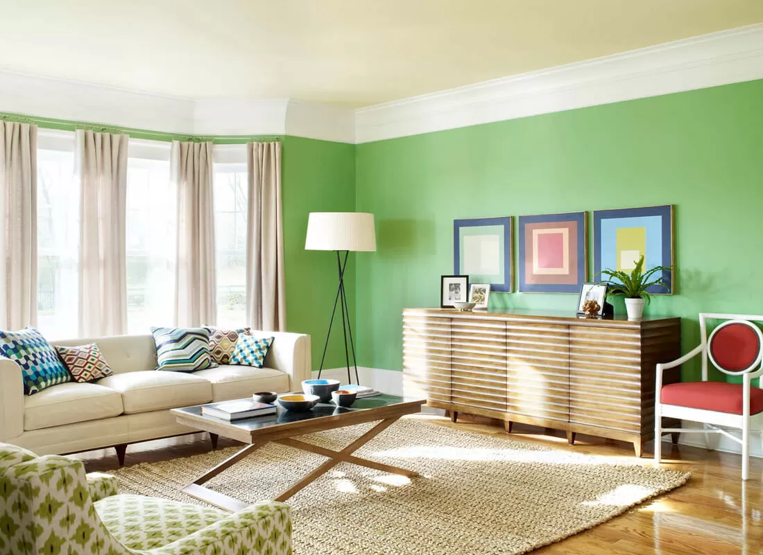 Nội thất phòng khách mệnh Mộc với màu xanh lá