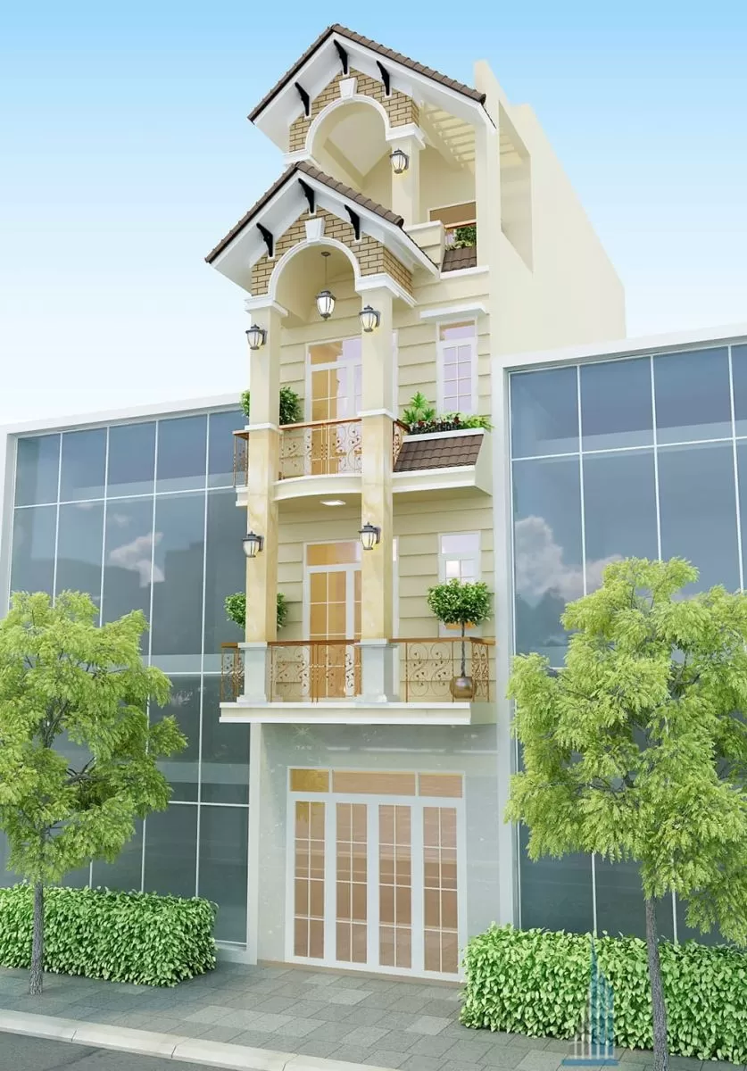 Mẫu nhà đẹp 4 tầng 4x16m mái thái tone màu kem sữa