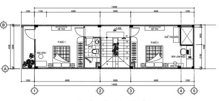 Bố trí công năng tầng 2 nhà phố 3 tầng 4x16m