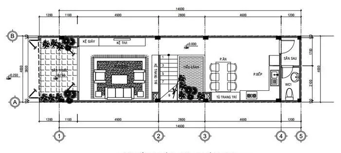 Bố trí công năng tầng 1 nhà phố 3 tầng 4x16m