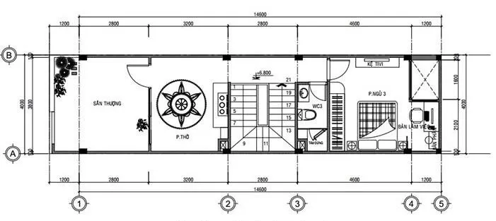 Bố trí công năng tầng 3 nhà phố 3 tầng 4x16m