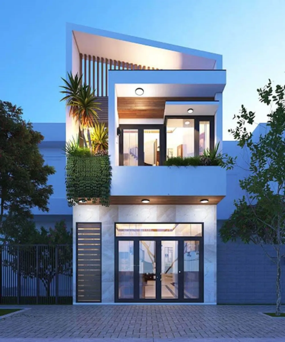 Thiết kế nhà 2 tầng mặt tiền 4m hiện đại mái chéo ấn tượng