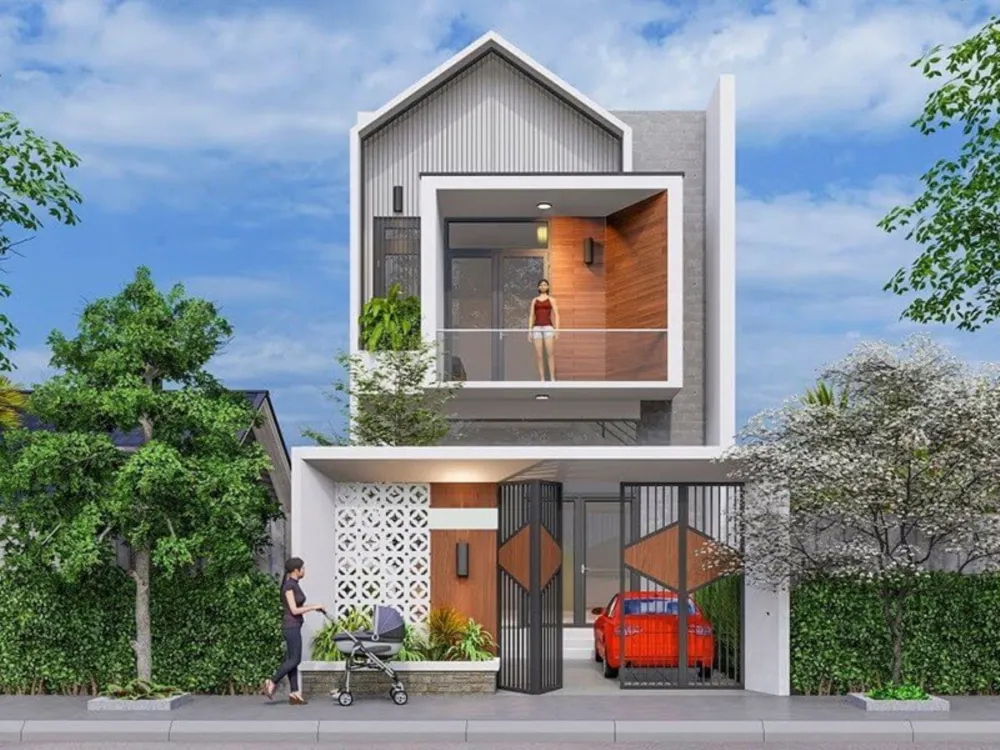 Mẫu nhà 2 tầng mặt tiền 4m hiện đại có gara để xe
