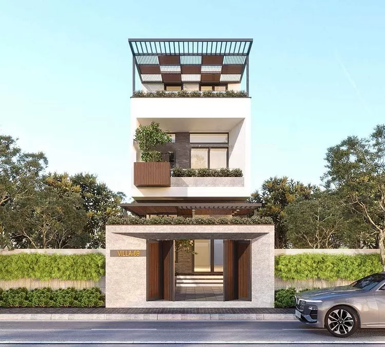 Phối cảnh mặt tiền của nhà phố 1 trệt 1 lầu 4x12m có tầng tum.