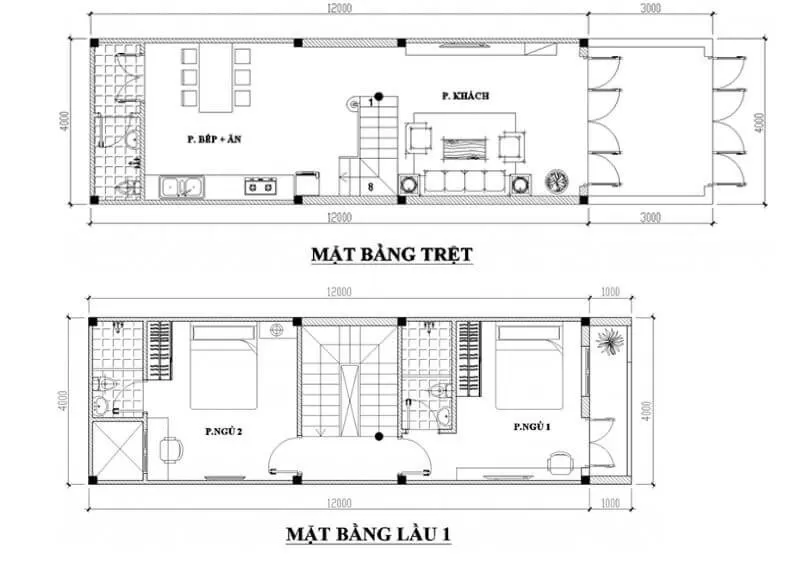 Bản thiết kế mặt bằng công năng cho ngôi nhà 1 trệt 1 lầu với diện tích 4x12m