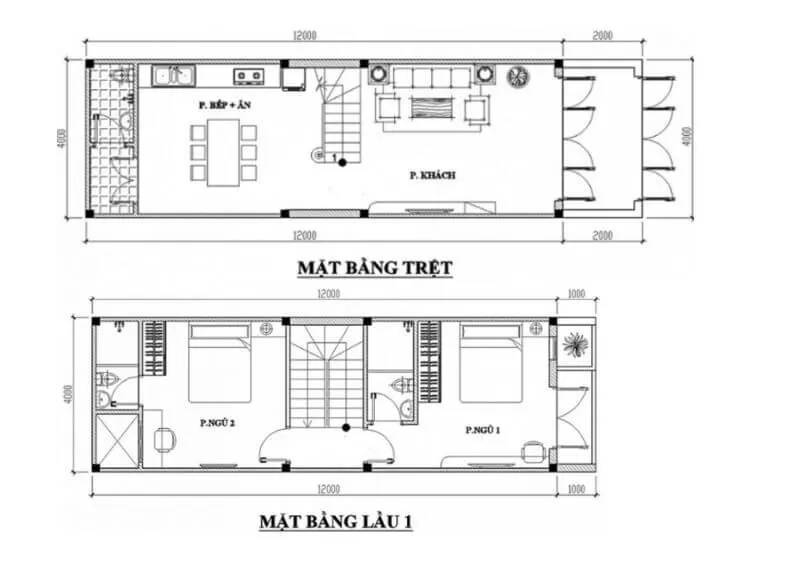 Bản vẽ 2D cho ngôi nhà 2 tầng có kích thước 4x12m và có ô thông tầng.
