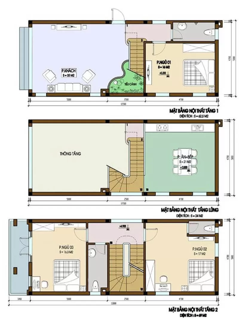 Bản thiết kế cho ngôi nhà 1 trệt 1 lửng 1 lầu với diện tích 4x12m, bao gồm 3 phòng ngủ.