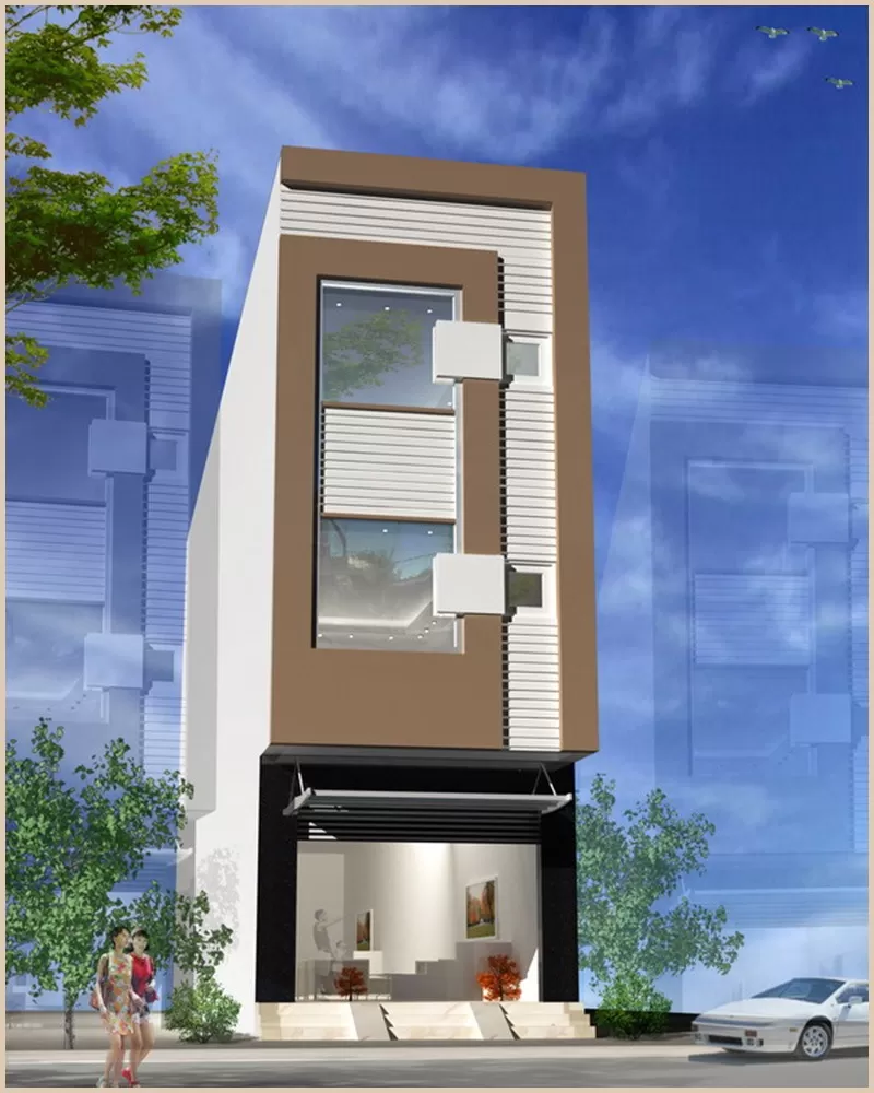 Mặt tiền của ngôi nhà được thiết kế với cửa sổ lớn bằng kính, tạo cảm giác thông thoáng. 