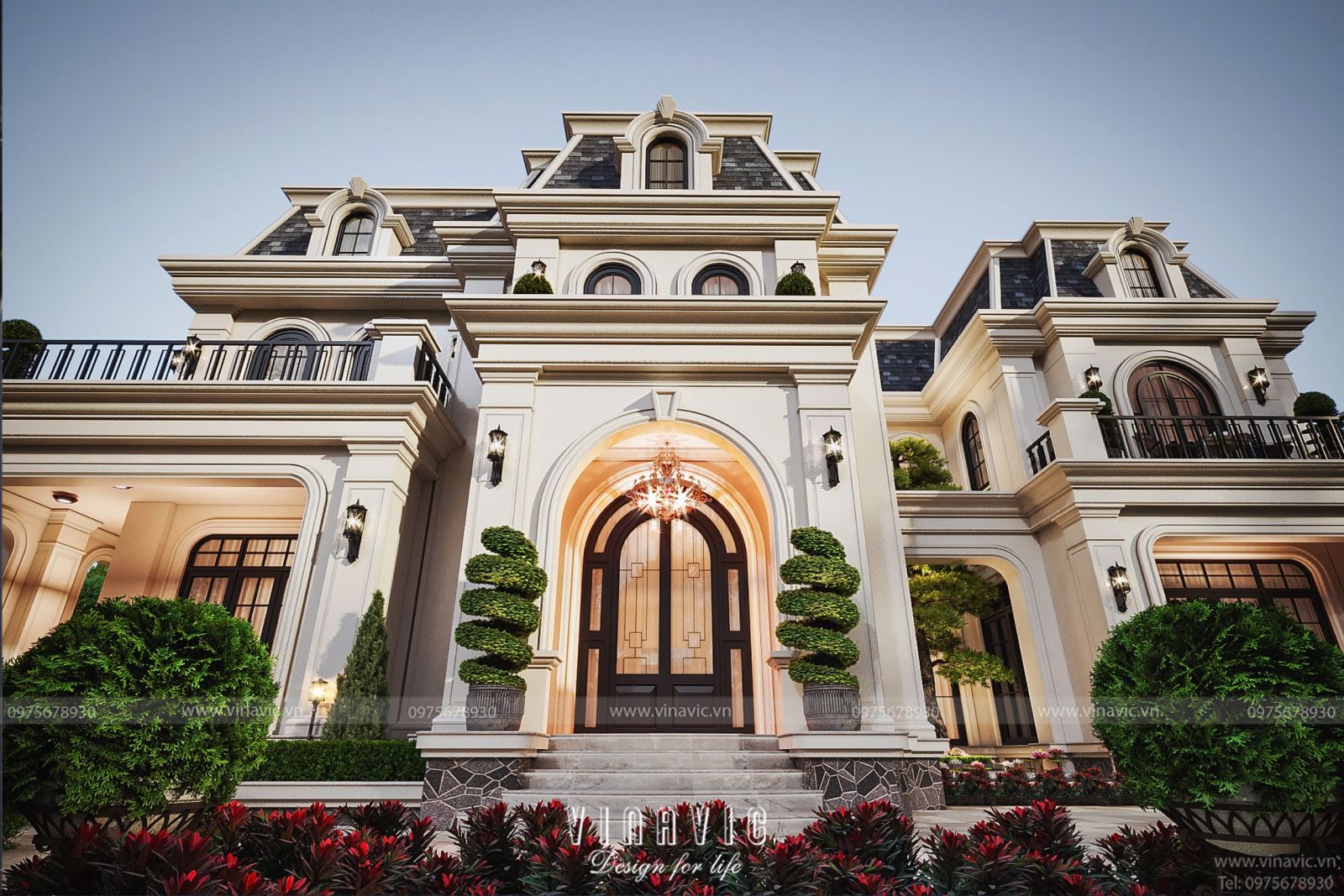 Phối cảnh mặt tiền biệt thự BT2365 với hệ cửa vòm lớn