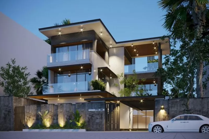 Mẫu nhà chữ L 3 tầng 80m2 mái bằng