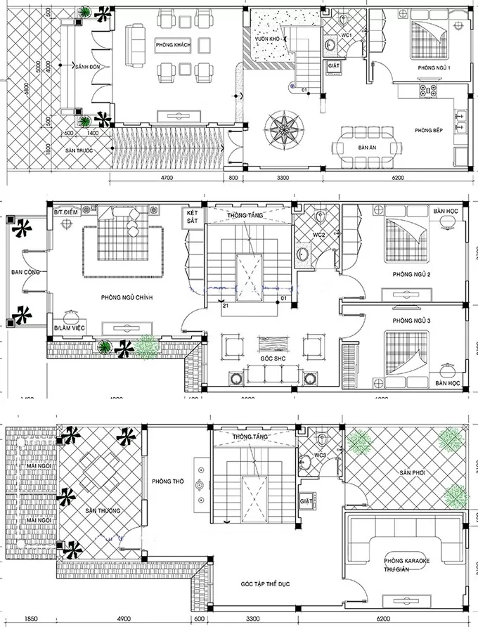 Cách bố trí mặt bằng công năng nhà chữ L 3 tầng 80m2