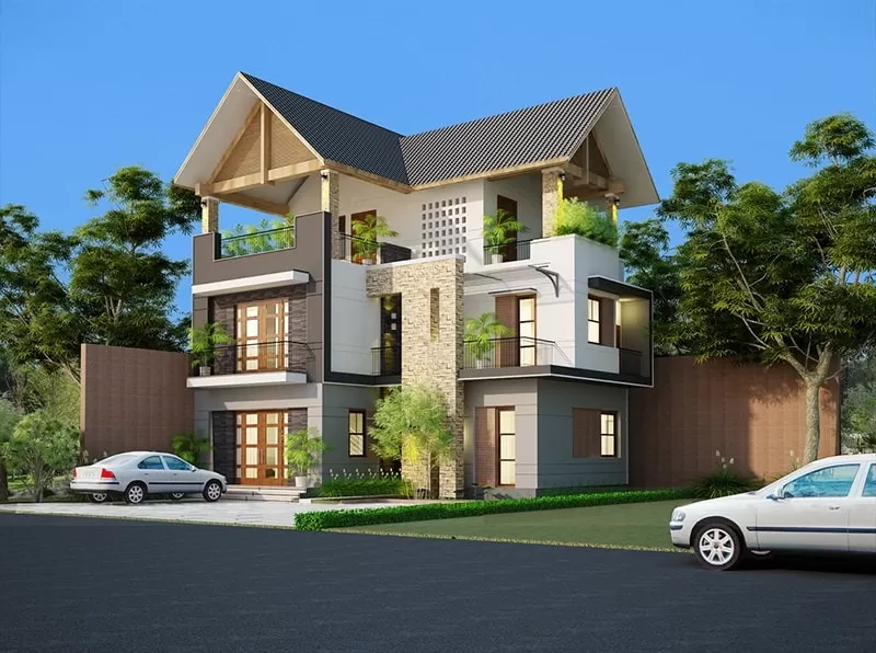 Mẫu nhà chữ L 3 tầng 80m2 mặt tiền 10m