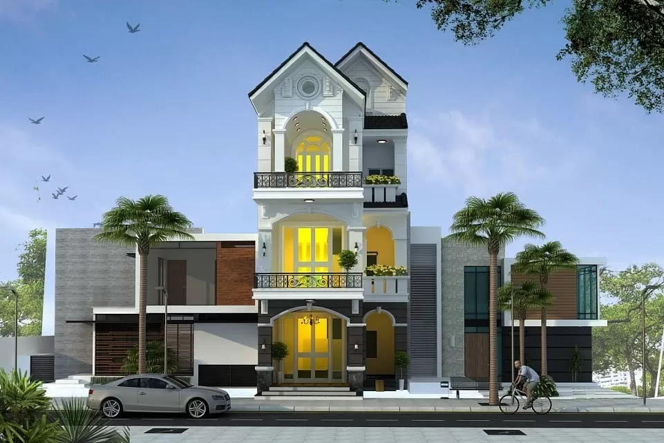 Mẫu nhà chữ L 3 tầng 80m2 3 phòng ngủ