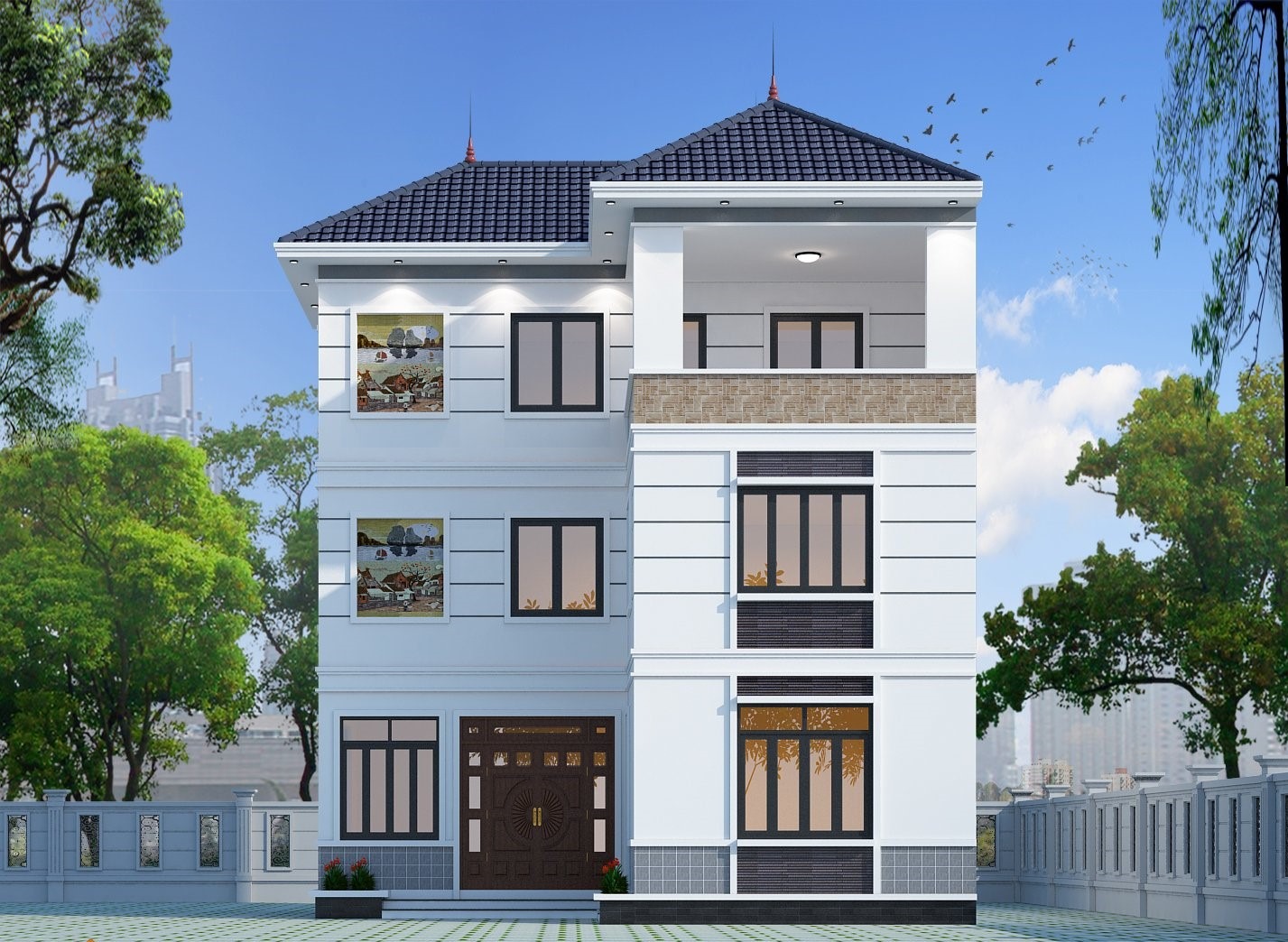 Mẫu nhà chữ L 3 tầng 80m2 mái Nhật hiện đại