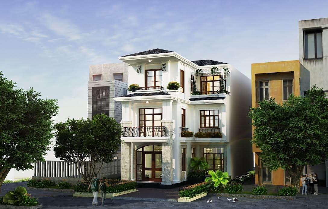 Mẫu nhà chữ L 3 tầng 80m2 mặt tiền 8m